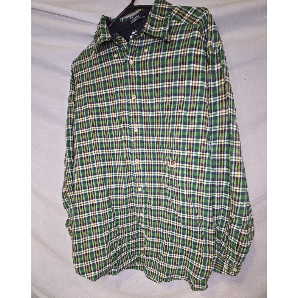 Tommy Hilfiger Mens Green Plaid Crest Logo Button Down Shirt Large Preppy Retro